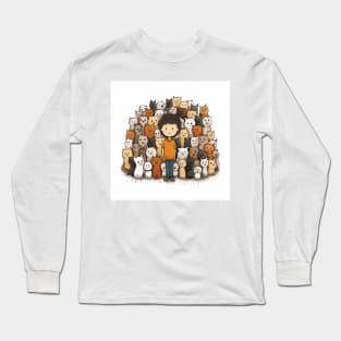 A Boy Surrounded by Numerous Cats Long Sleeve T-Shirt